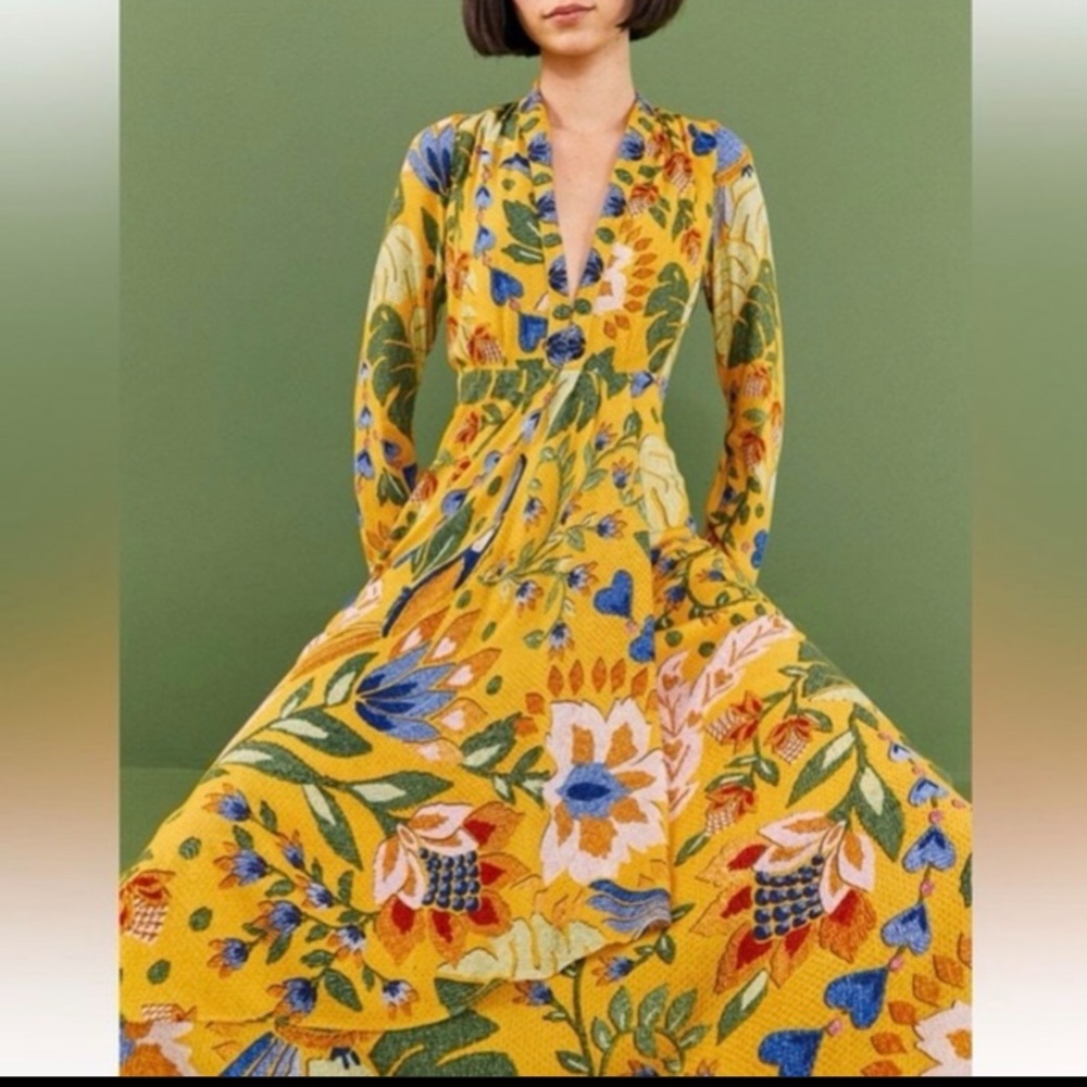 NWOT FARM Rio Summer‎ Garden Maxi Yellow Plunging V-neck Long Sleeves dress Sz L